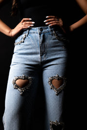 Cupid’s Charm - Rhinestone Embellished Cut Out Jeans - IceBlue