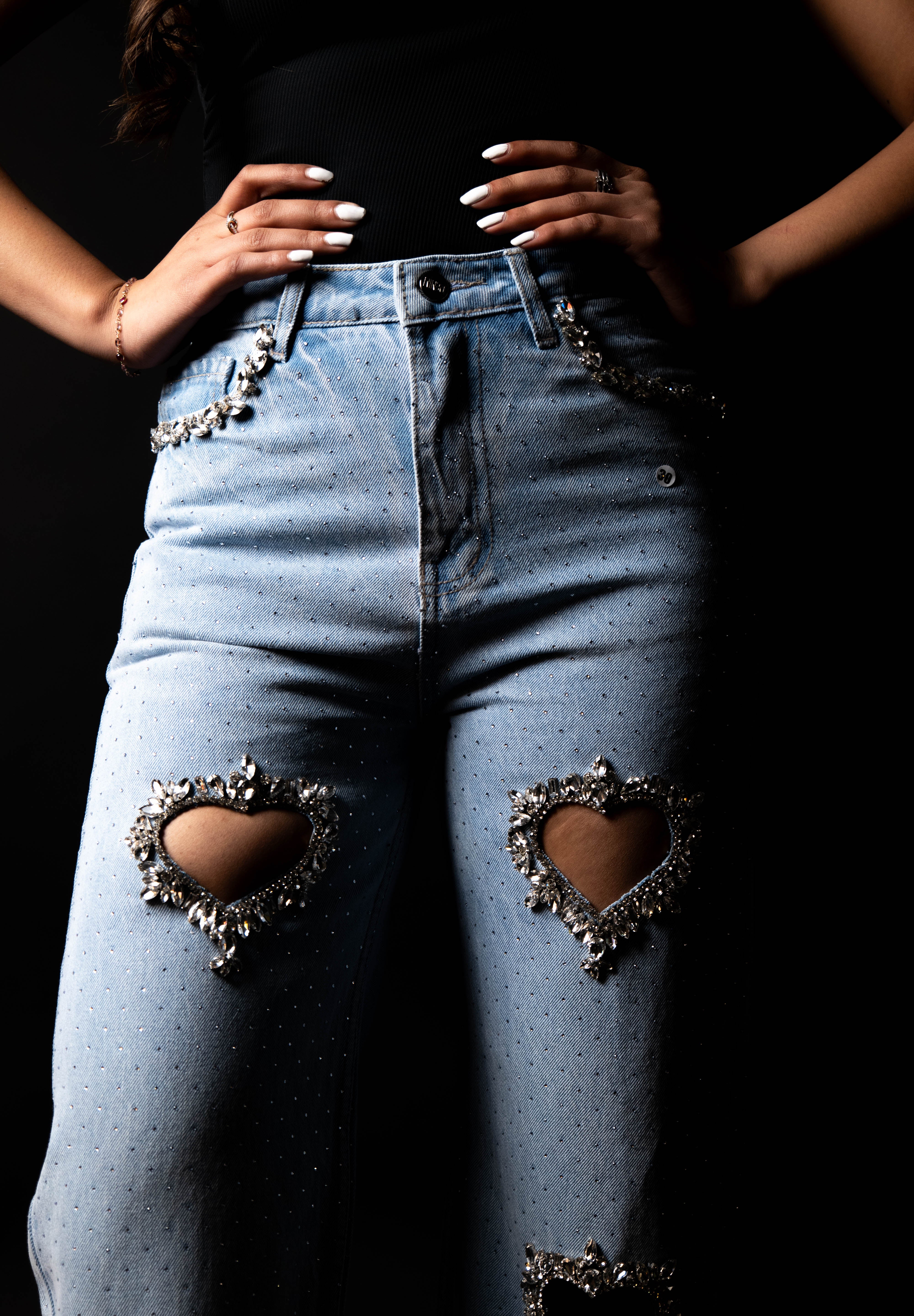 Cupid’s Charm - Rhinestone Embellished Cut Out Jeans - IceBlue