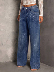 Hailey - Rhinestone Embellished Wide Leg Jeans - Dark Blue