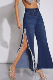 Aurora - High Rise Side Slit Tassel Jeans - Midnight Blue