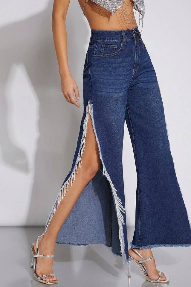 Aurora - High Rise Side Slit Tassel Jeans - Midnight Blue