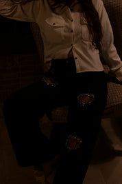 Black Heart - Rhinestone Embellished Cut Out Jeans - Black