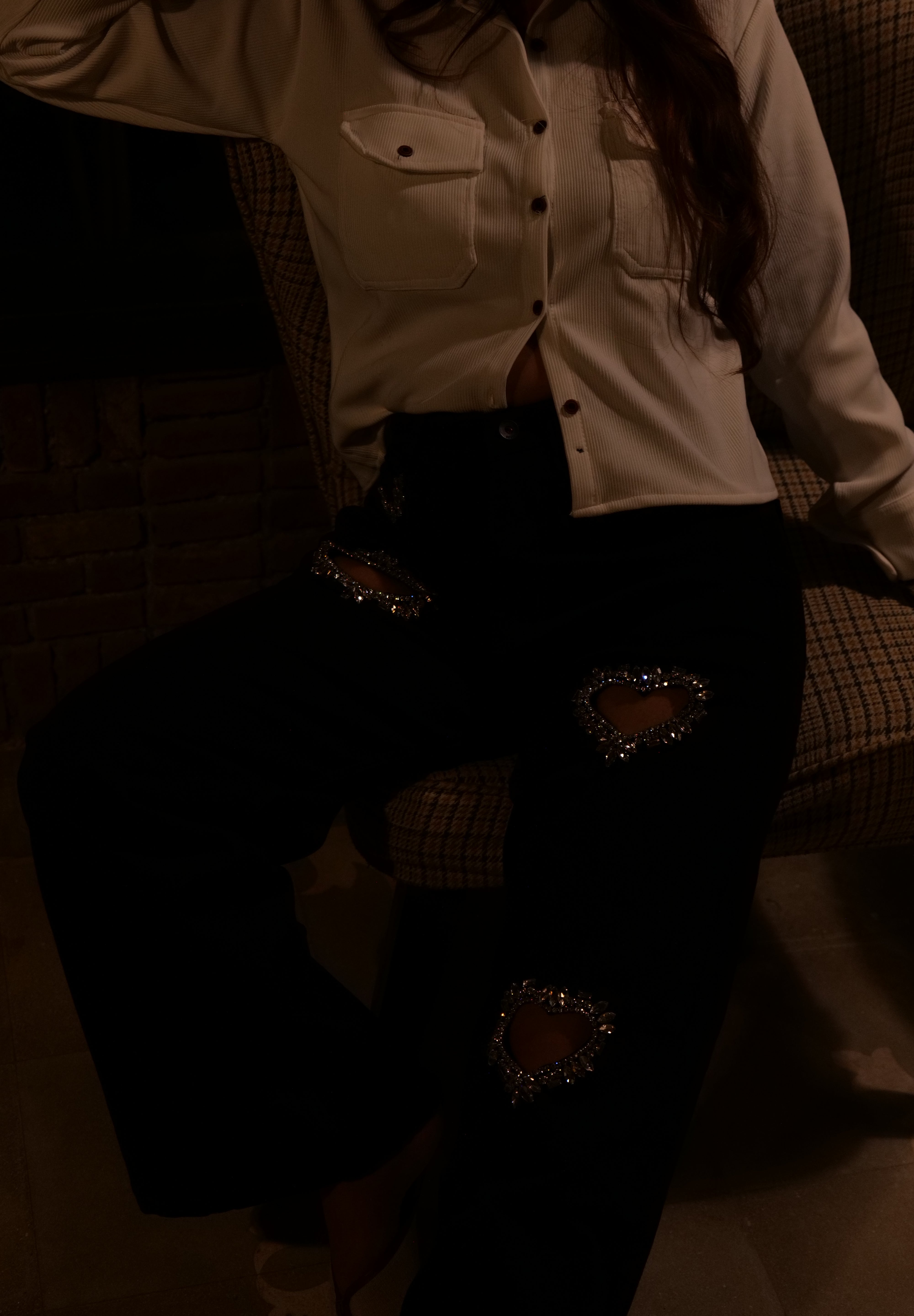 Black Heart - Rhinestone Embellished Cut Out Jeans - Black