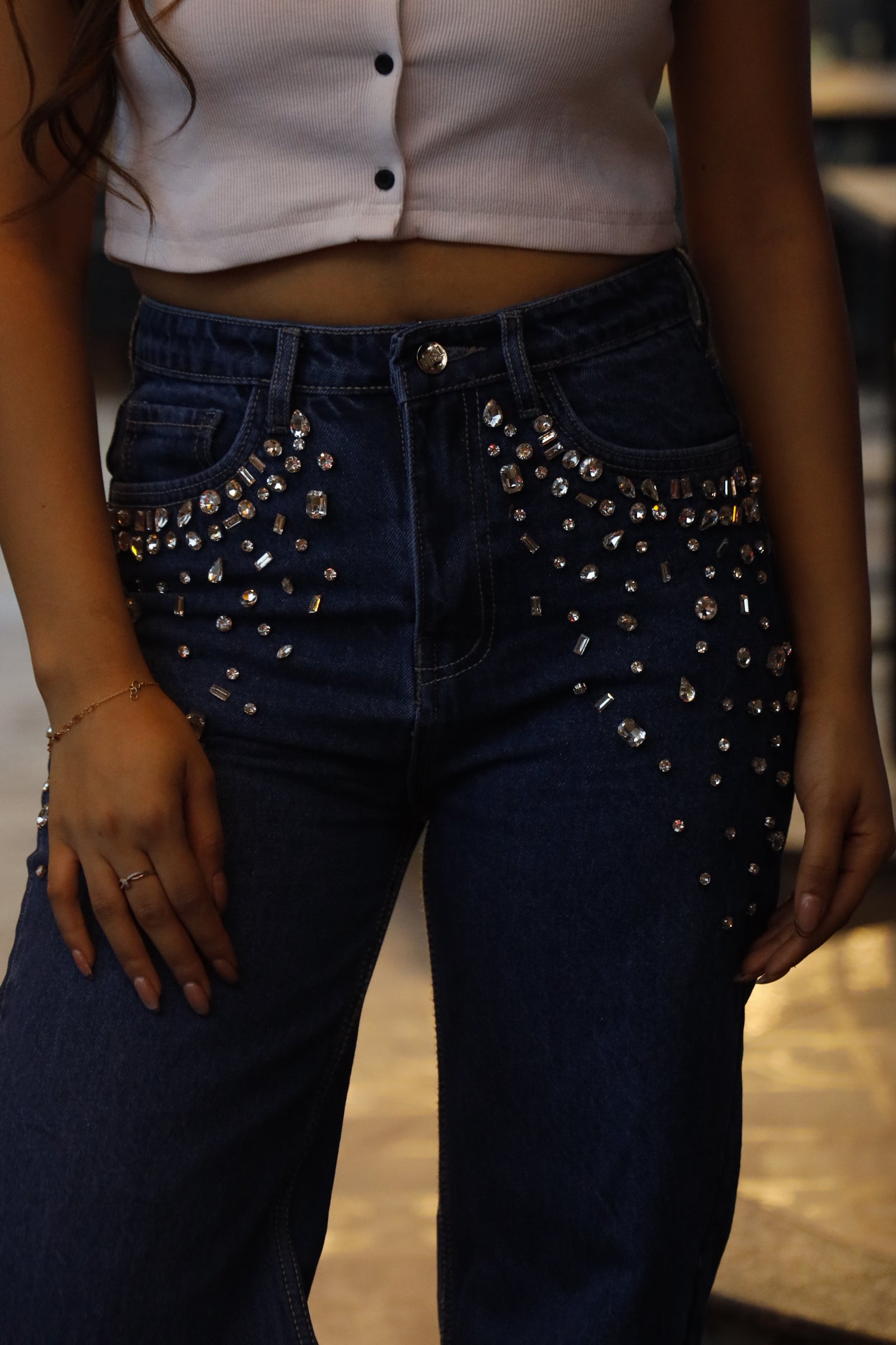 Tanya - Rhinestone Embellished Wide Leg Jeans - Dark Blue