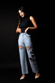 Cupid’s Charm - Rhinestone Embellished Cut Out Jeans - IceBlue
