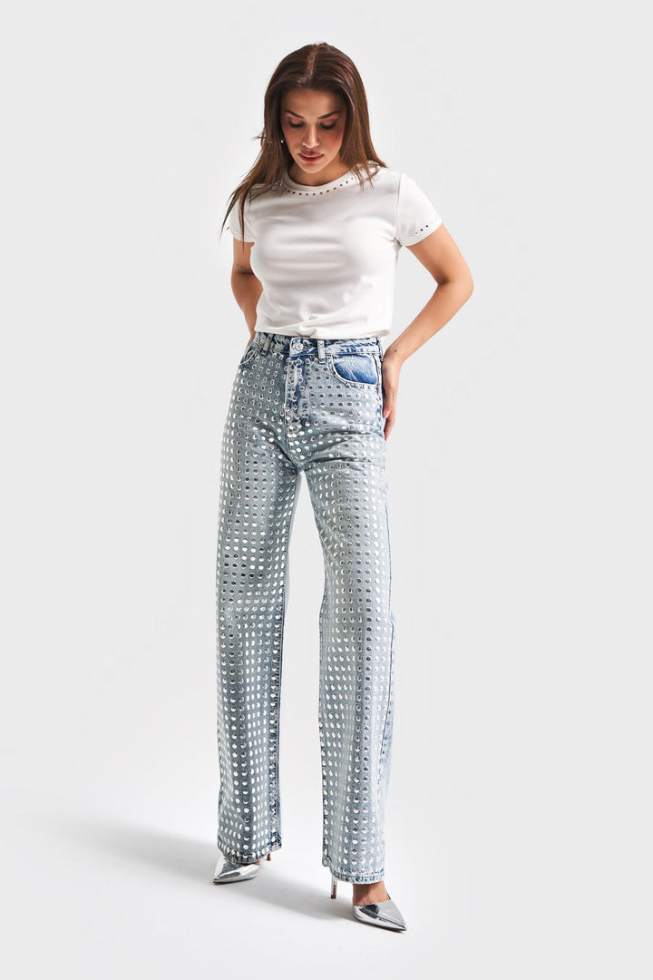 Silver Storm - Studded Wide Leg Jeans