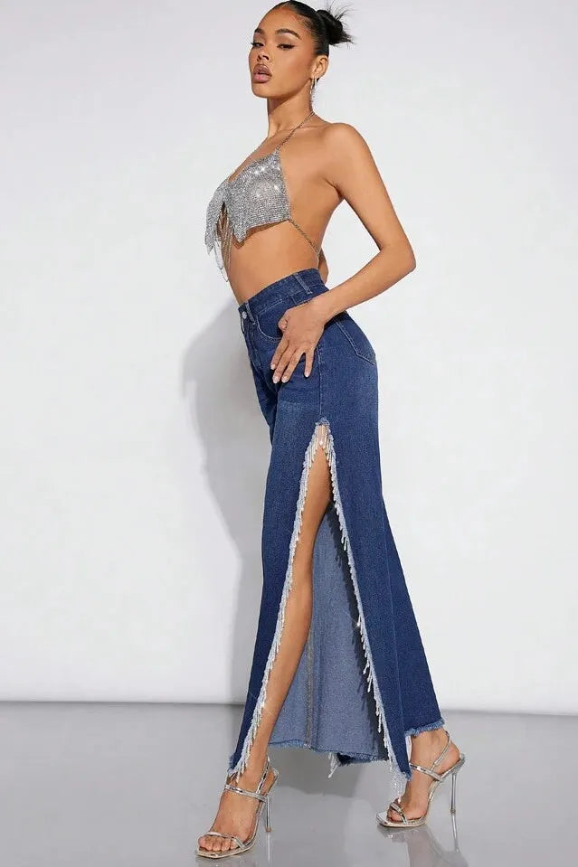 Aurora - High Rise Side Slit Tassel Jeans - Midnight Blue