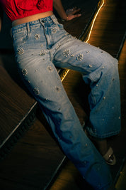 Dazie - Rhinestone Embellished Wide Leg Jeans