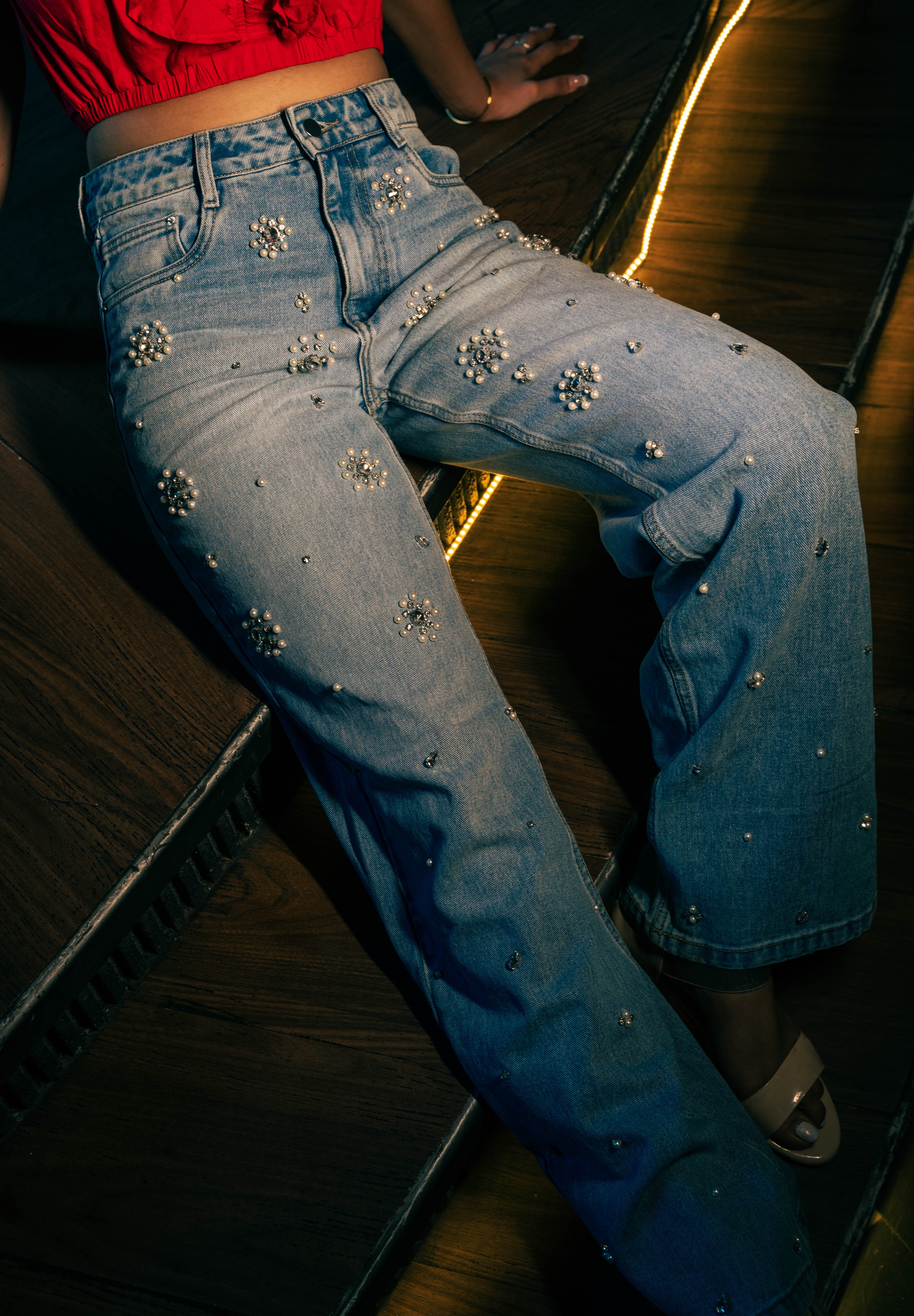 Dazie - Rhinestone Embellished Wide Leg Jeans