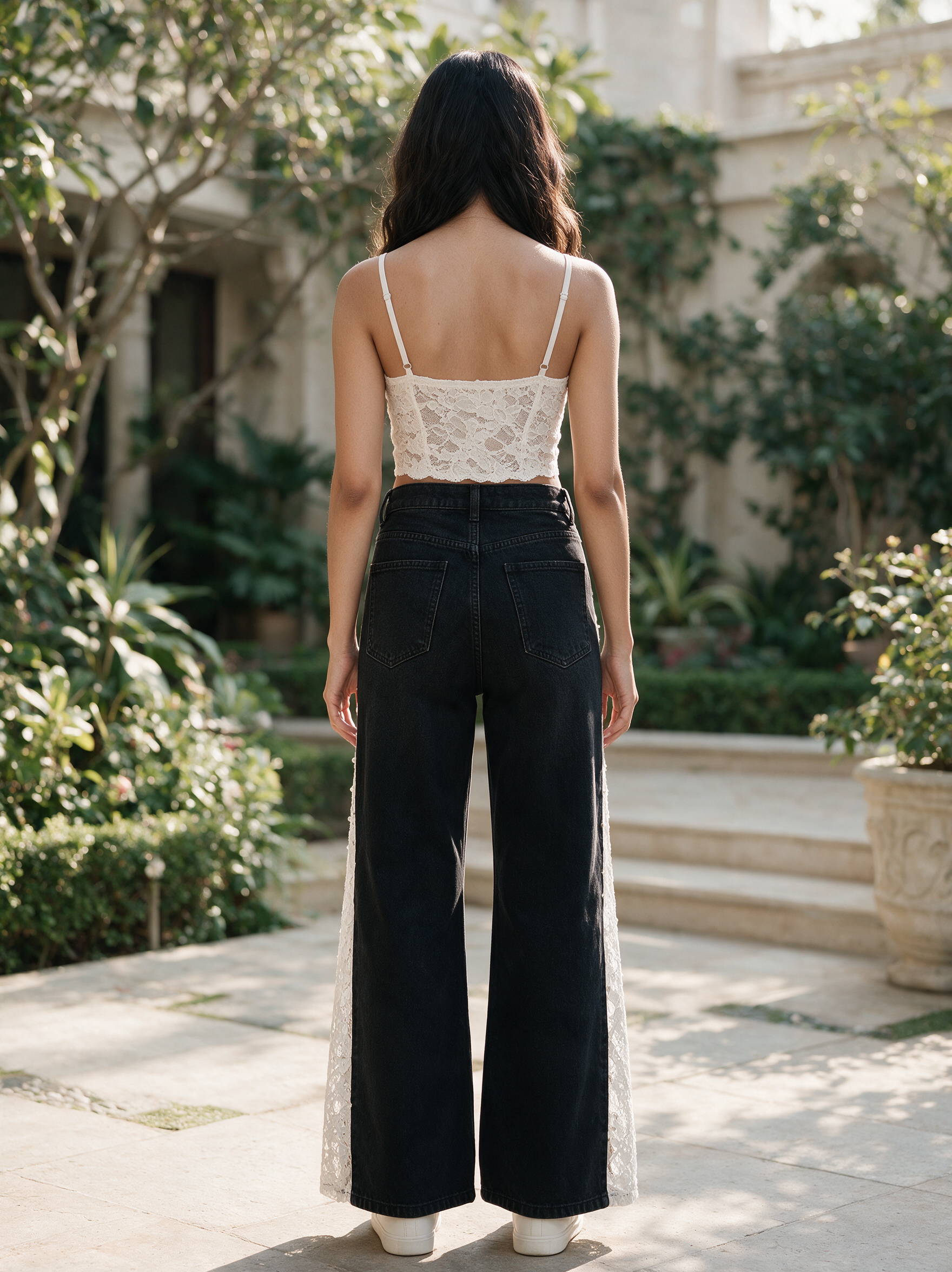 Belle - Pearl Embellished Lace Jeans - Black