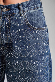 Emma - Rhinestone Embellished Wide Leg Jeans - Dark Blue