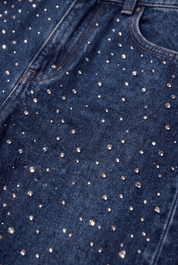 Midnight Blue Diamante Denim High Rise Wide Leg Jeans - Dark Blue