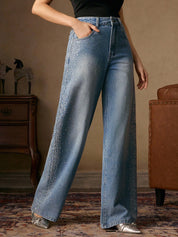 Mira - Rhinestone Embellished Wide Leg Jeans - Ice Blue