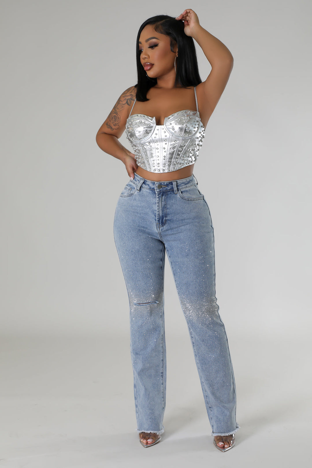 Embellished Wide Leg Fray Bottom Jeans - Eleanor