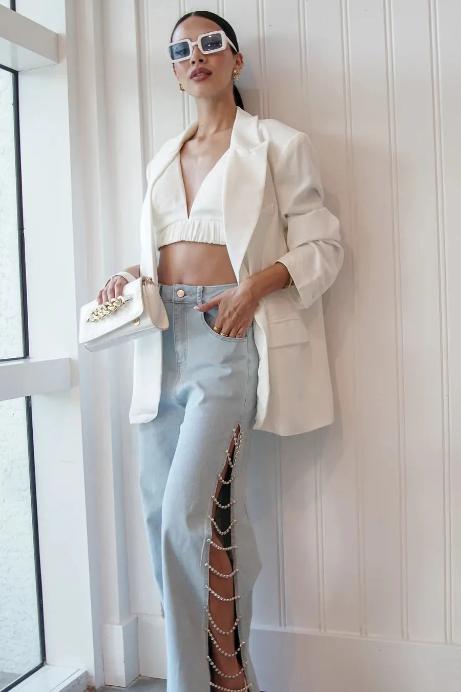 Side Slit Rhinestone Embellished Wide Leg Jeans