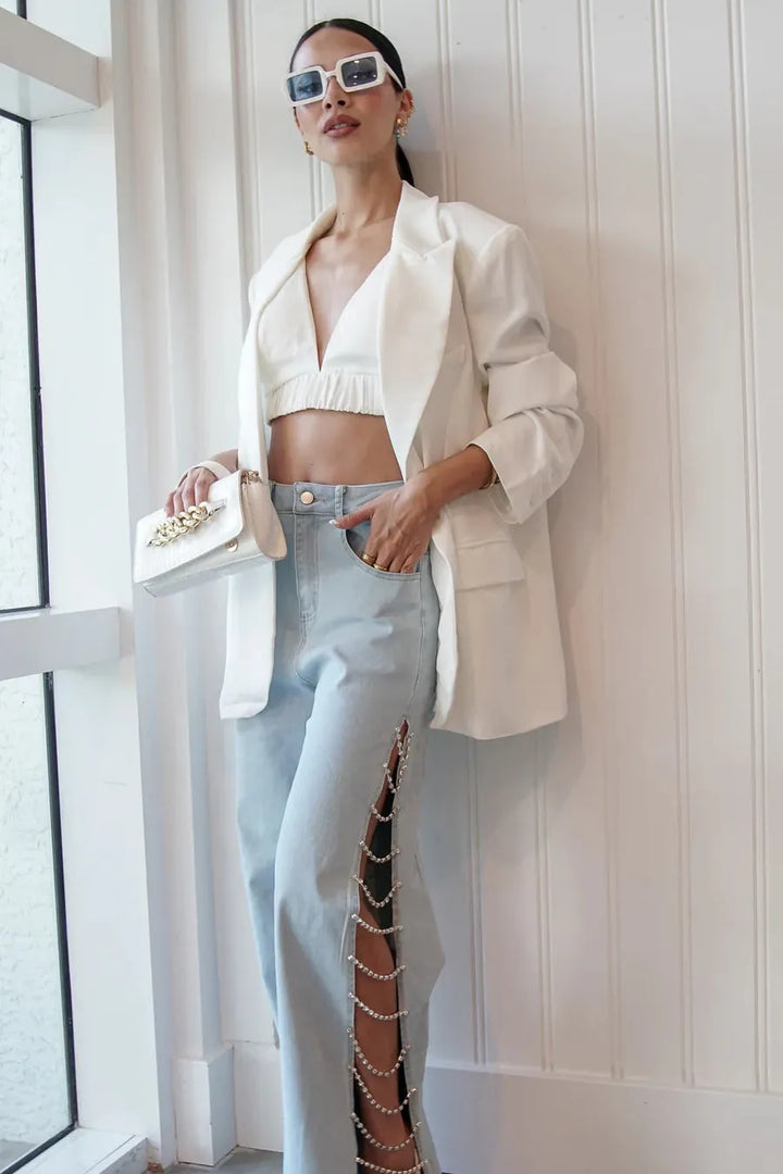 Side Slit Rhinestone Embellished Wide Leg Jeans