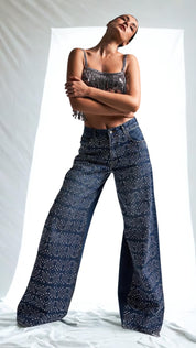 Emma - Rhinestone Embellished Wide Leg Jeans - Dark Blue