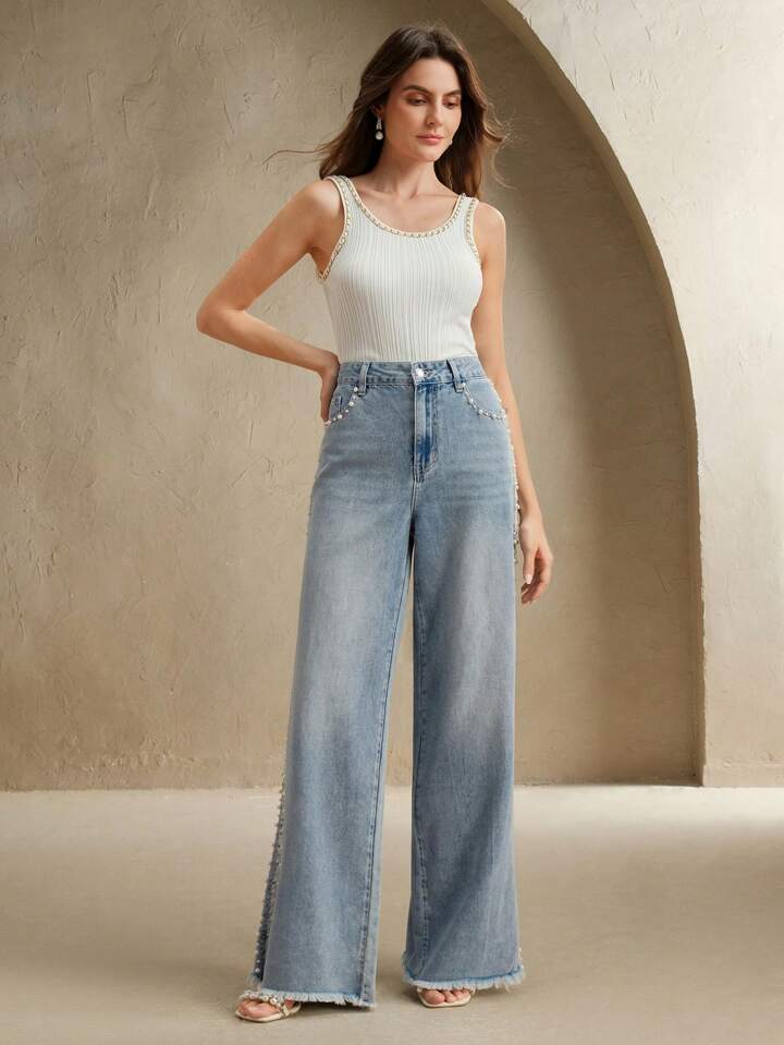 Lea - Pearl Embellished Wide Leg Jeans - Ice Blue