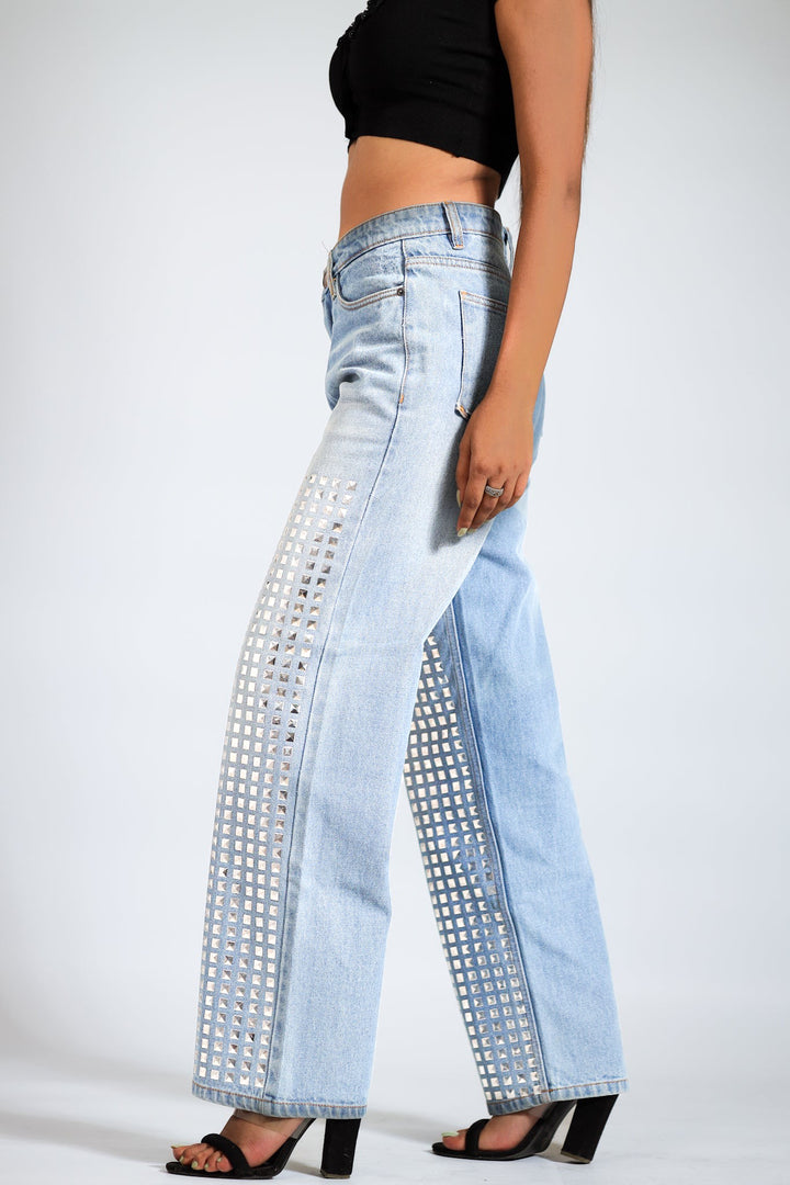 Studded Wide Leg Jeans - Ice Blue