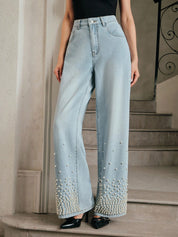 Alina - Pearl Embellished Wide Leg Jeans - Ice Blue