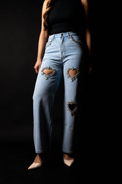 Cupid’s Charm - Rhinestone Embellished Cut Out Jeans - IceBlue