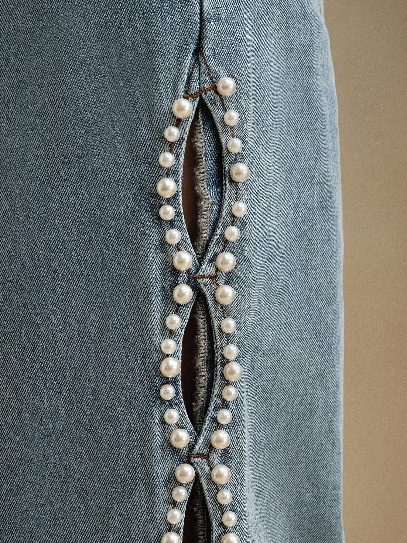 Ophelia - Pearl Embellished Wide Leg Jeans - Ice Blue