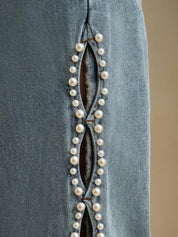 Ophelia - Pearl Embellished Wide Leg Jeans - Ice Blue