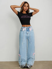 Kiara - Rhinestone and Pearl Embellished Wide Leg Jeans - Ice Blue