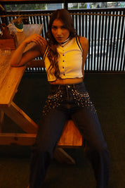 Tanya - Rhinestone Embellished Wide Leg Jeans - Dark Blue