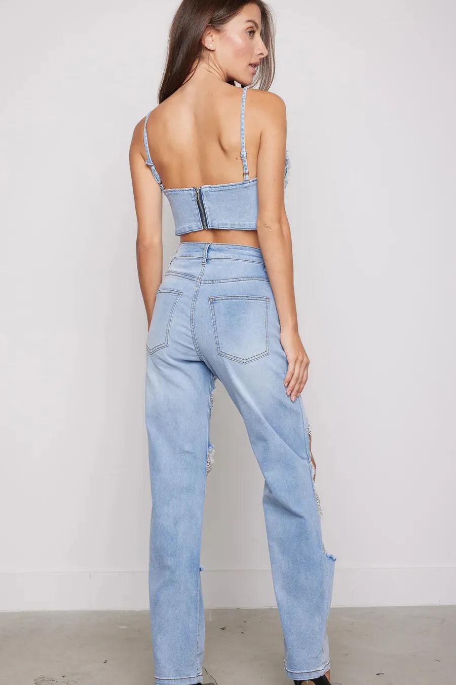 Embellished Wide Leg Cut Out Jeans - Glamour Goddess