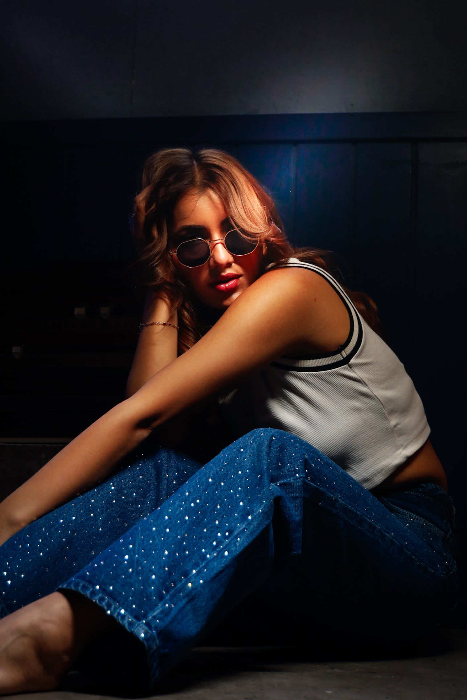 Midnight Blue Diamante Denim High Rise Wide Leg Jeans