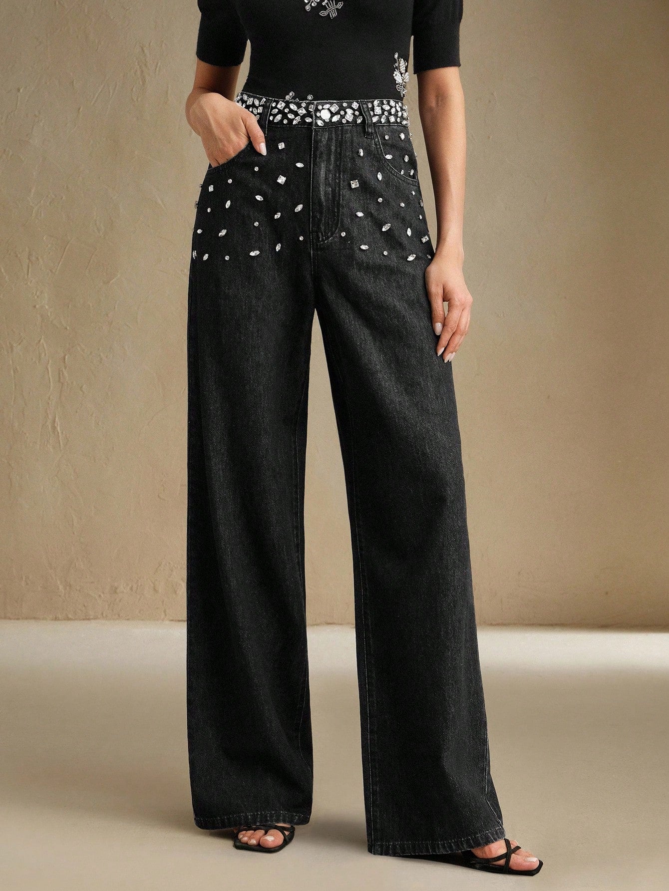 Black Dazzle Band - Rhinestone Embellished Wide Leg Jeans