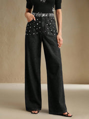 Black Dazzle Band - Rhinestone Embellished Wide Leg Jeans