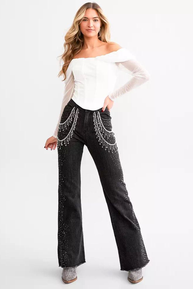 Habibi - High Rise Rhinestone Embellished Wide Leg Flared Jeans - Black