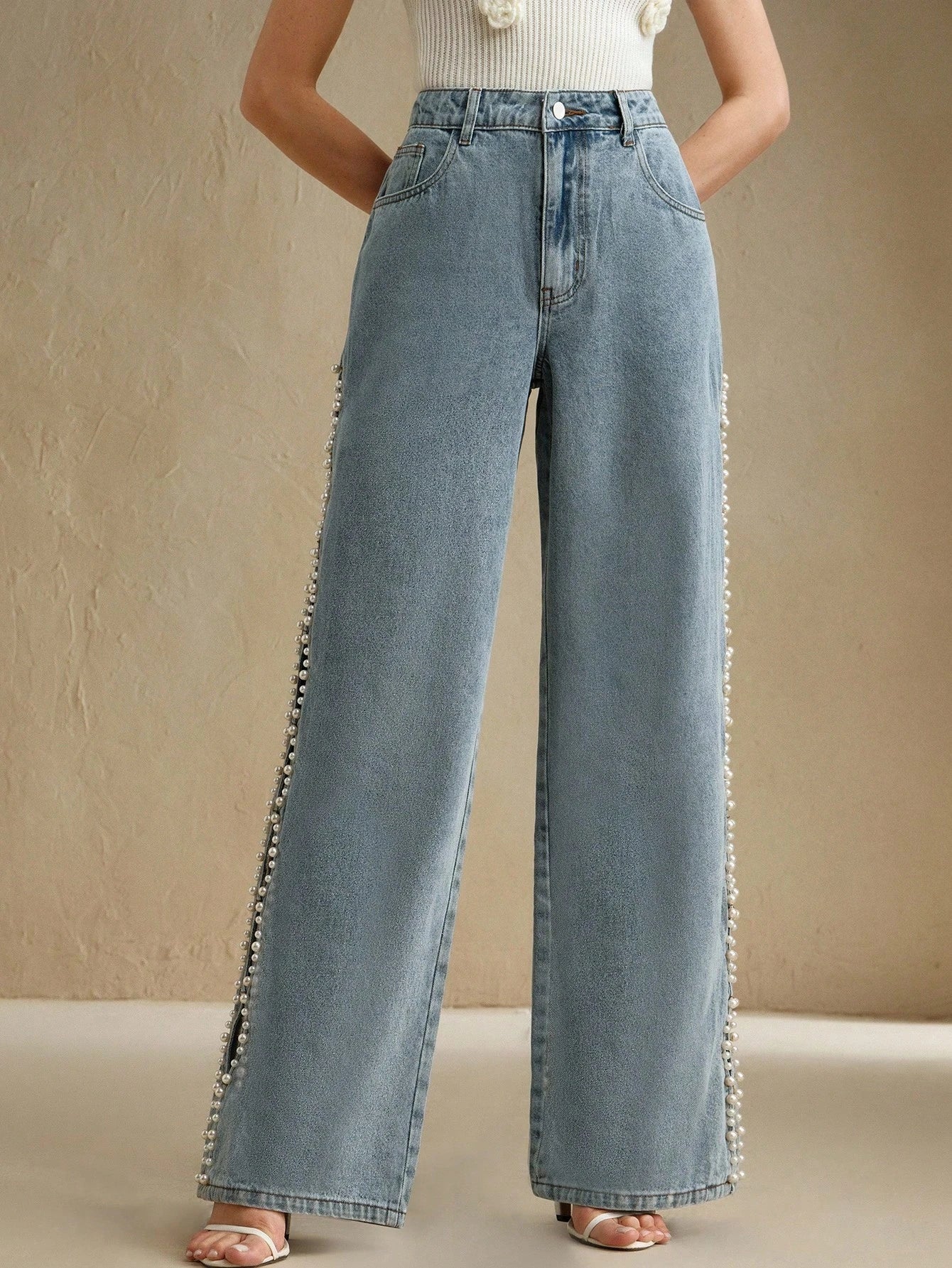 Ophelia - Pearl Embellished Wide Leg Jeans - Ice Blue