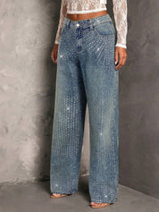 Nikki - Rhinestone Embellished Wide Leg Jeans - Ice Blue