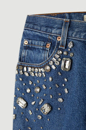 Tanya - Rhinestone Embellished Wide Leg Jeans - Dark Blue