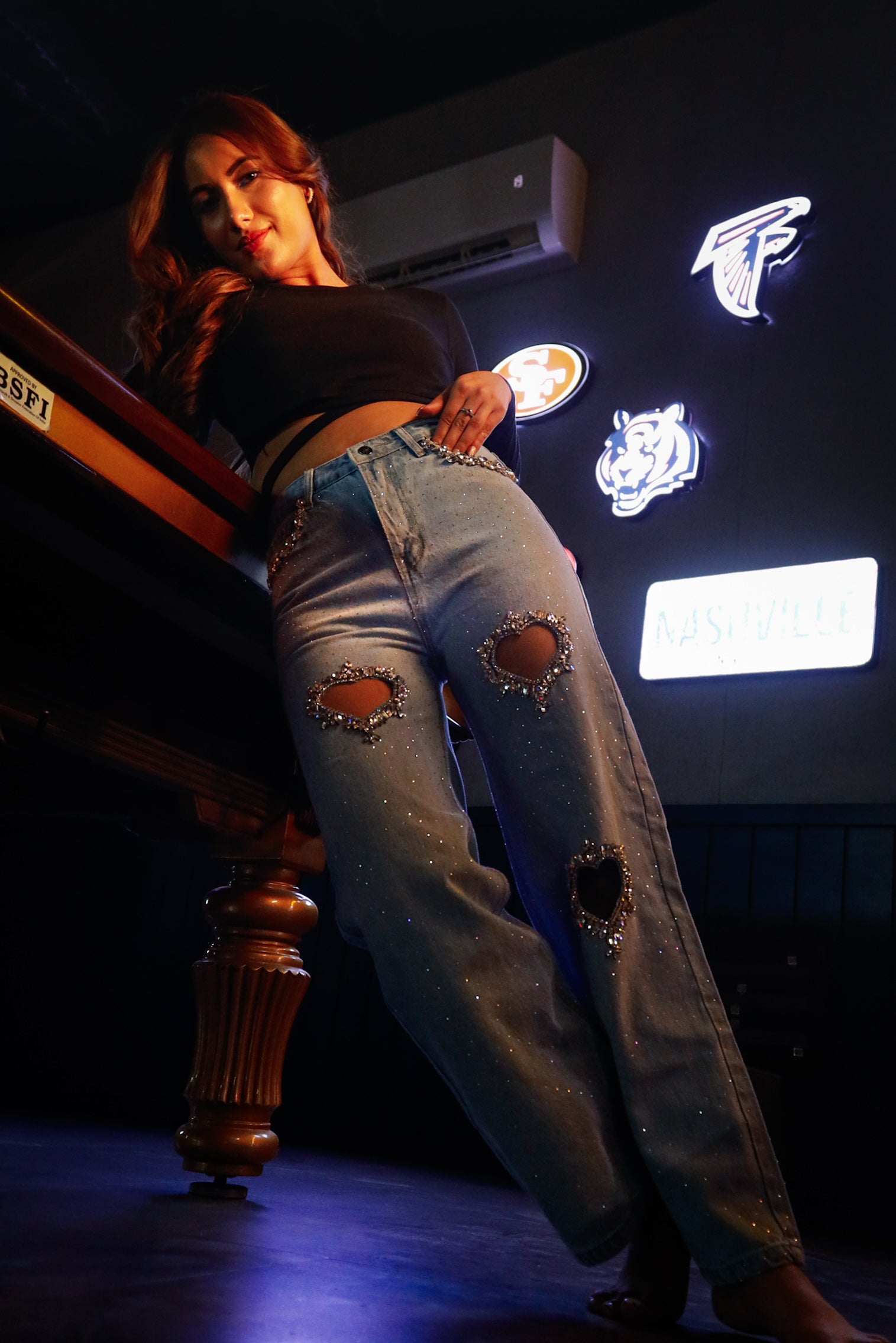 Cupid’s Charm - Rhinestone Embellished Cut Out Jeans - IceBlue