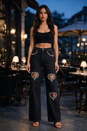 Black Heart - Rhinestone Embellished Cut Out Jeans - Black