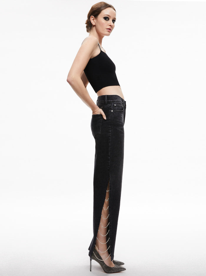 Side Slit Rhinestone Embellished Jeans - Black