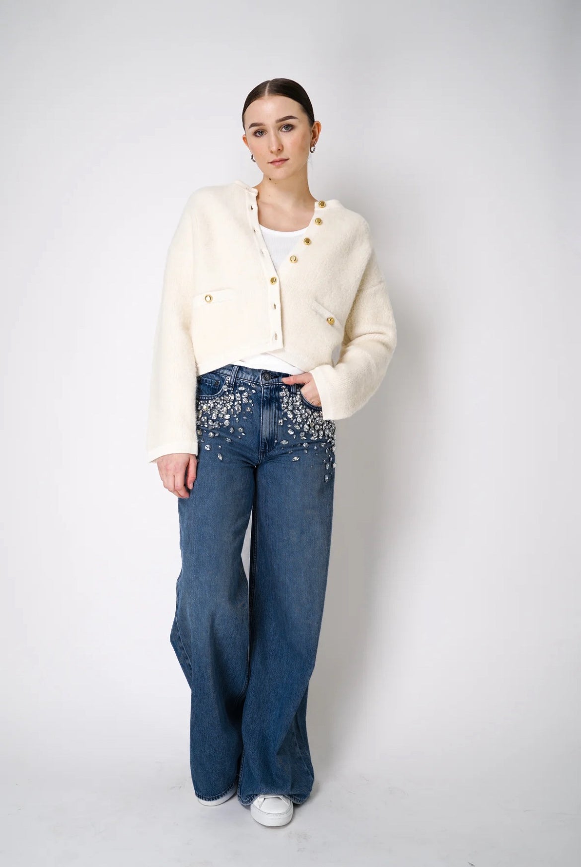 Midnight Glam - Rhinestone Embellished Wide Leg Jeans - Dark Blue