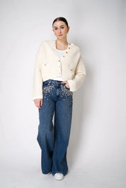 Midnight Glam - Rhinestone Embellished Wide Leg Jeans - Dark Blue