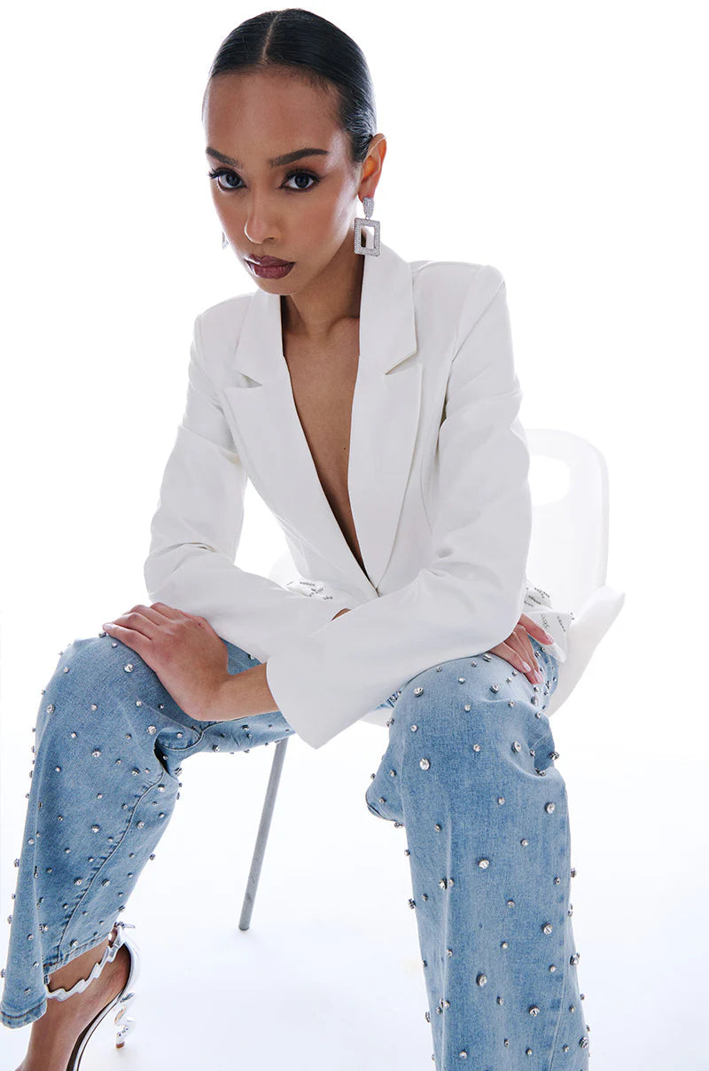 Lumière Rhinestone Embellished Wide Leg Jeans - Ice Blue