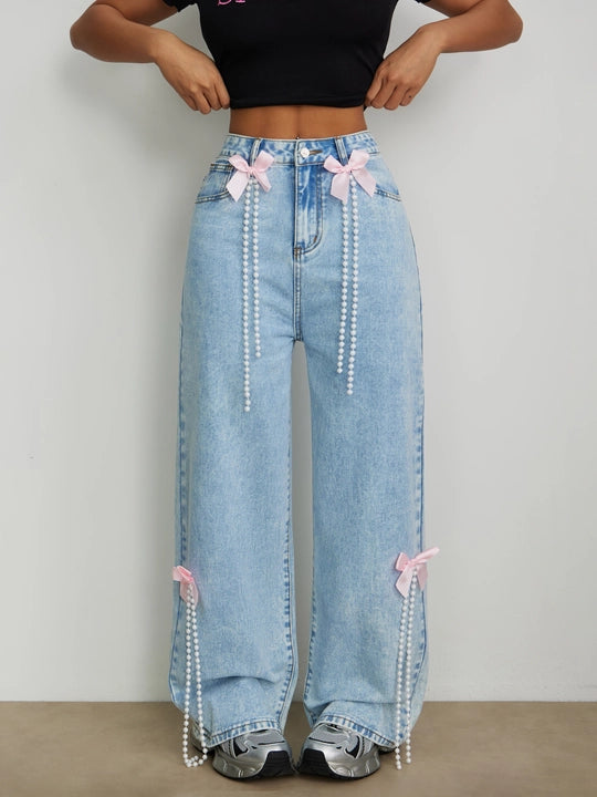 Kiara - Rhinestone and Pearl Embellished Wide Leg Jeans - Ice Blue