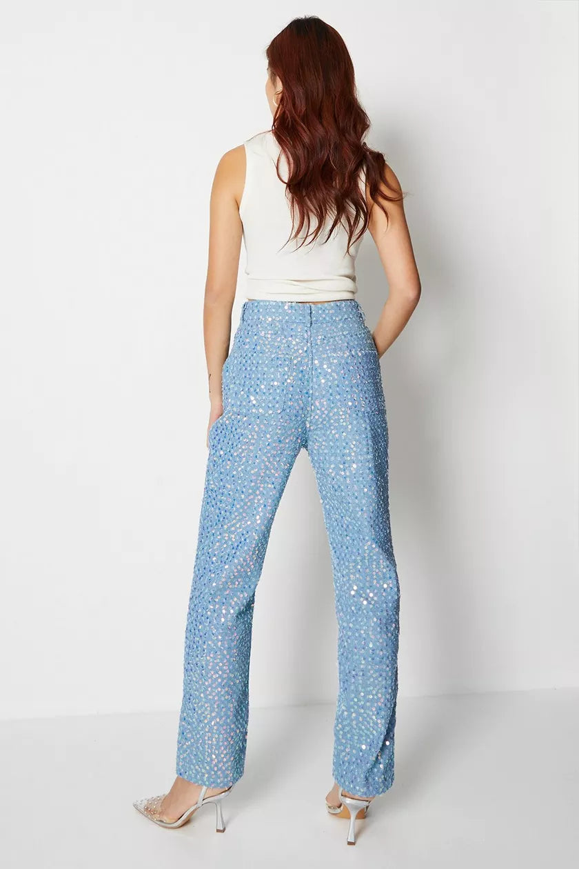 High Rise Wide Leg Sequins Jeans - Isabella