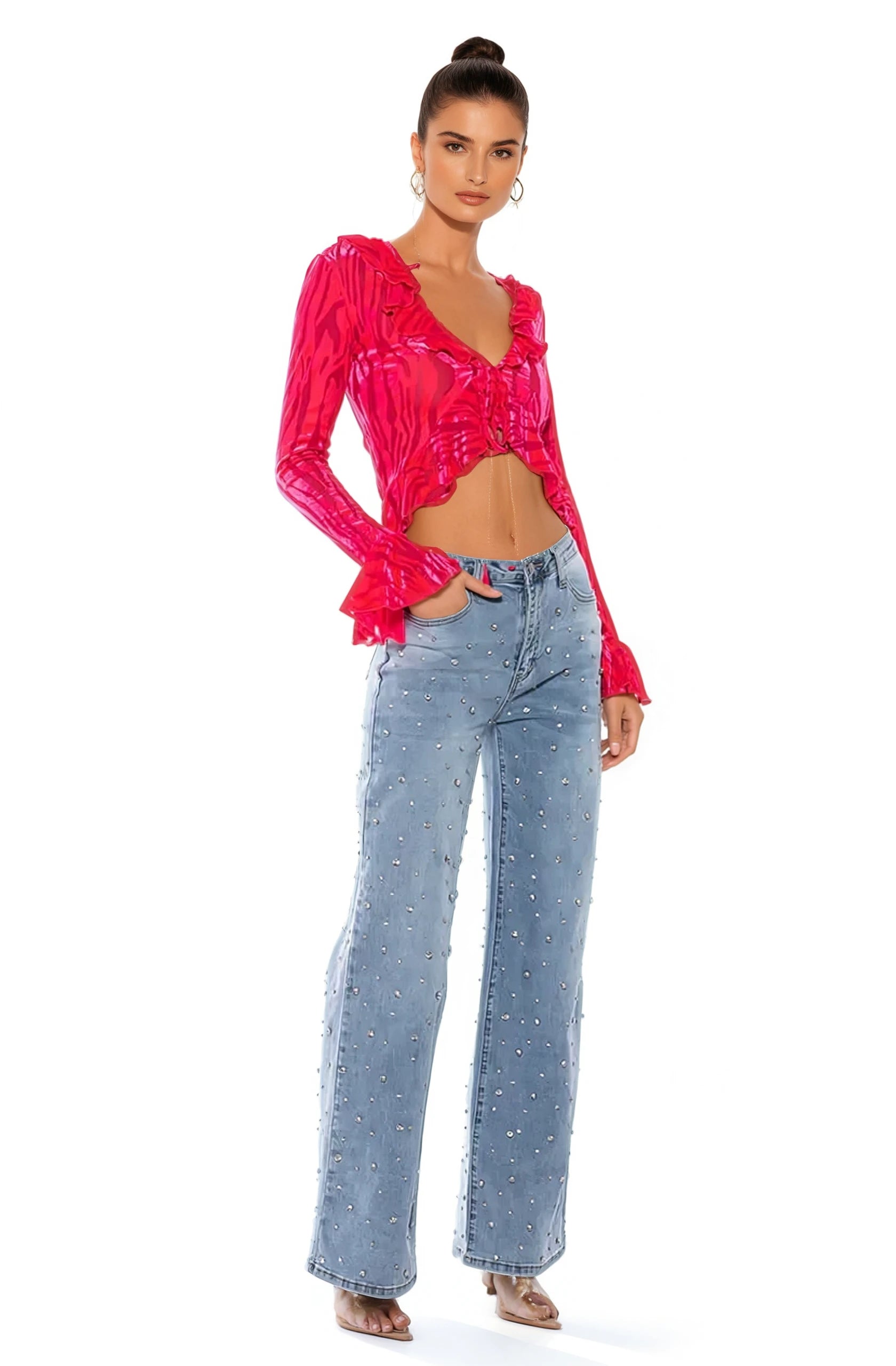 Lumière Rhinestone Embellished Wide Leg Jeans