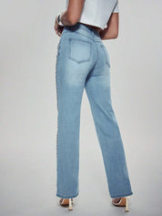 Crown Jewel - Rhinestone Embellished Wide Leg Jeans - Ice Blue