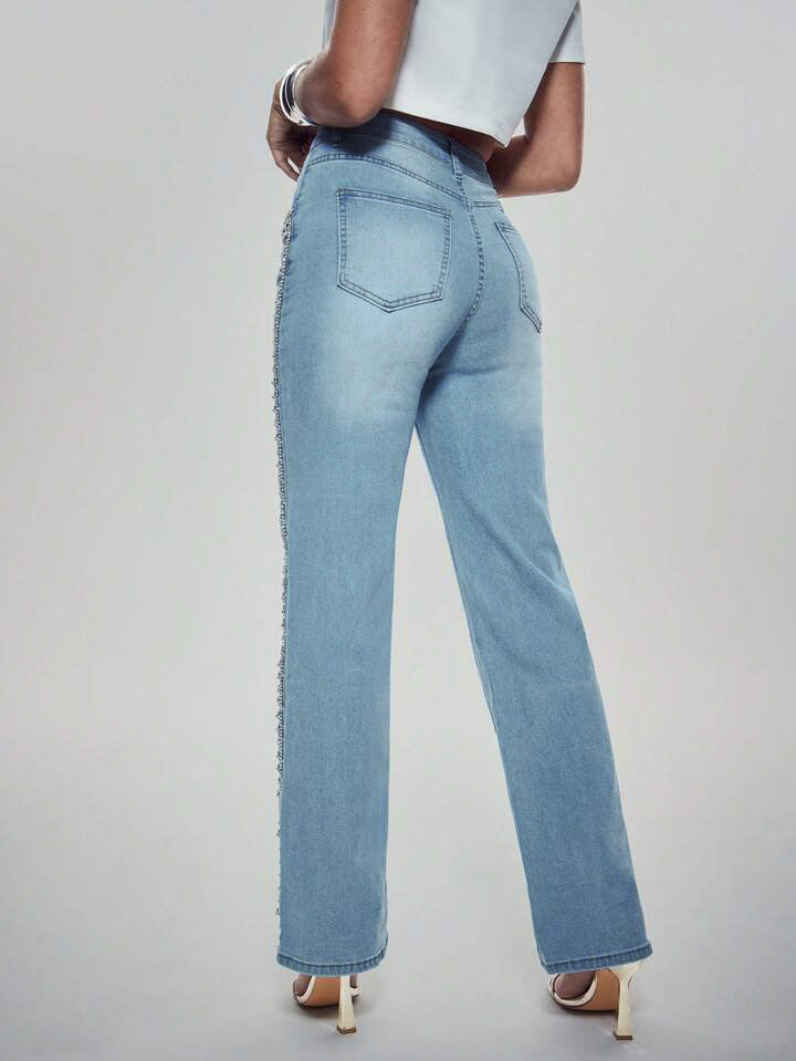 Crown Jewel - Rhinestone Embellished Wide Leg Jeans - Ice Blue