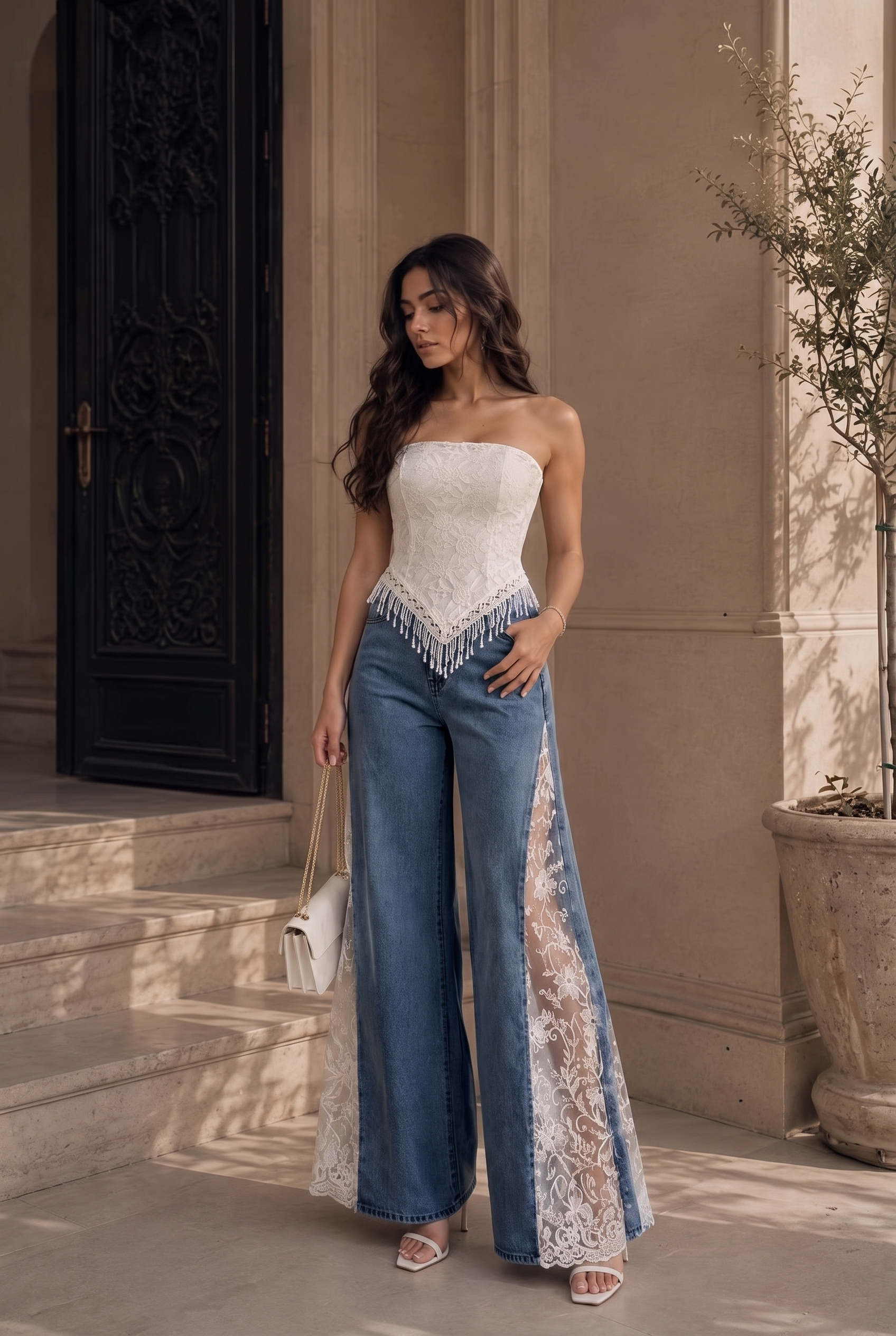 Juliette - Pearl Embellished Lace Jeans - Dark Blue