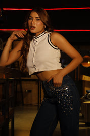 Tanya - Rhinestone Embellished Wide Leg Jeans - Dark Blue